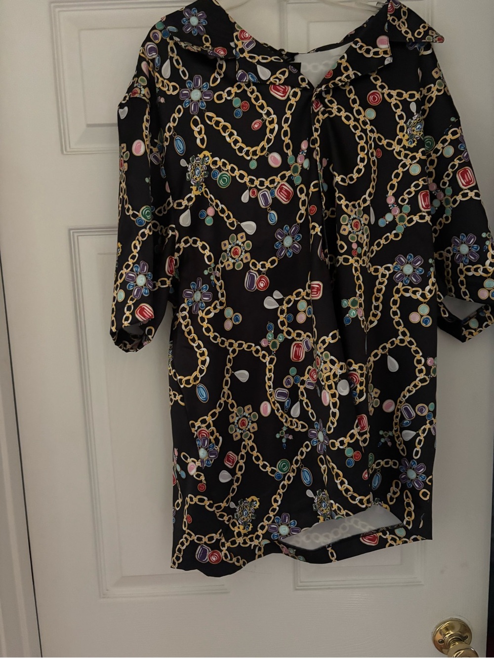 Fashion Nova Black Chain & Jewel Print Dress Shirt